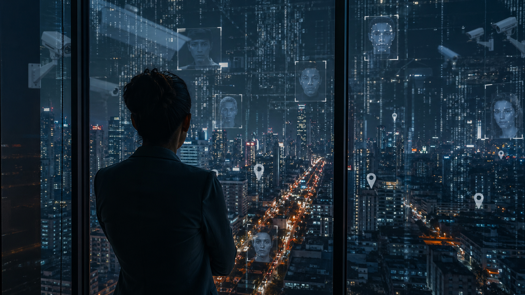 Person looking at a city through glass with AI data, location pins and surveillance camera reflections.
