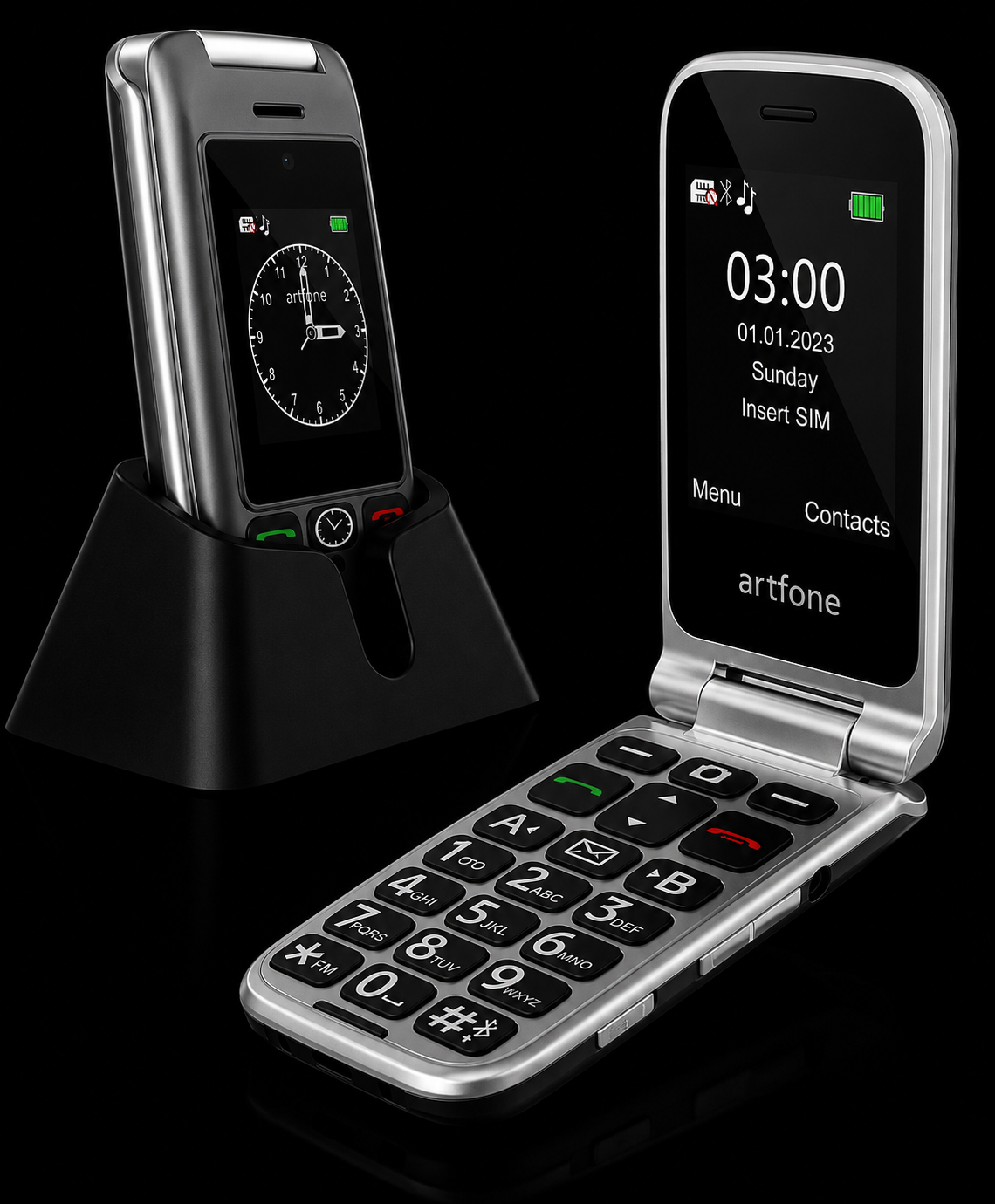 artfone G6 Flip phone product photo with charging dock