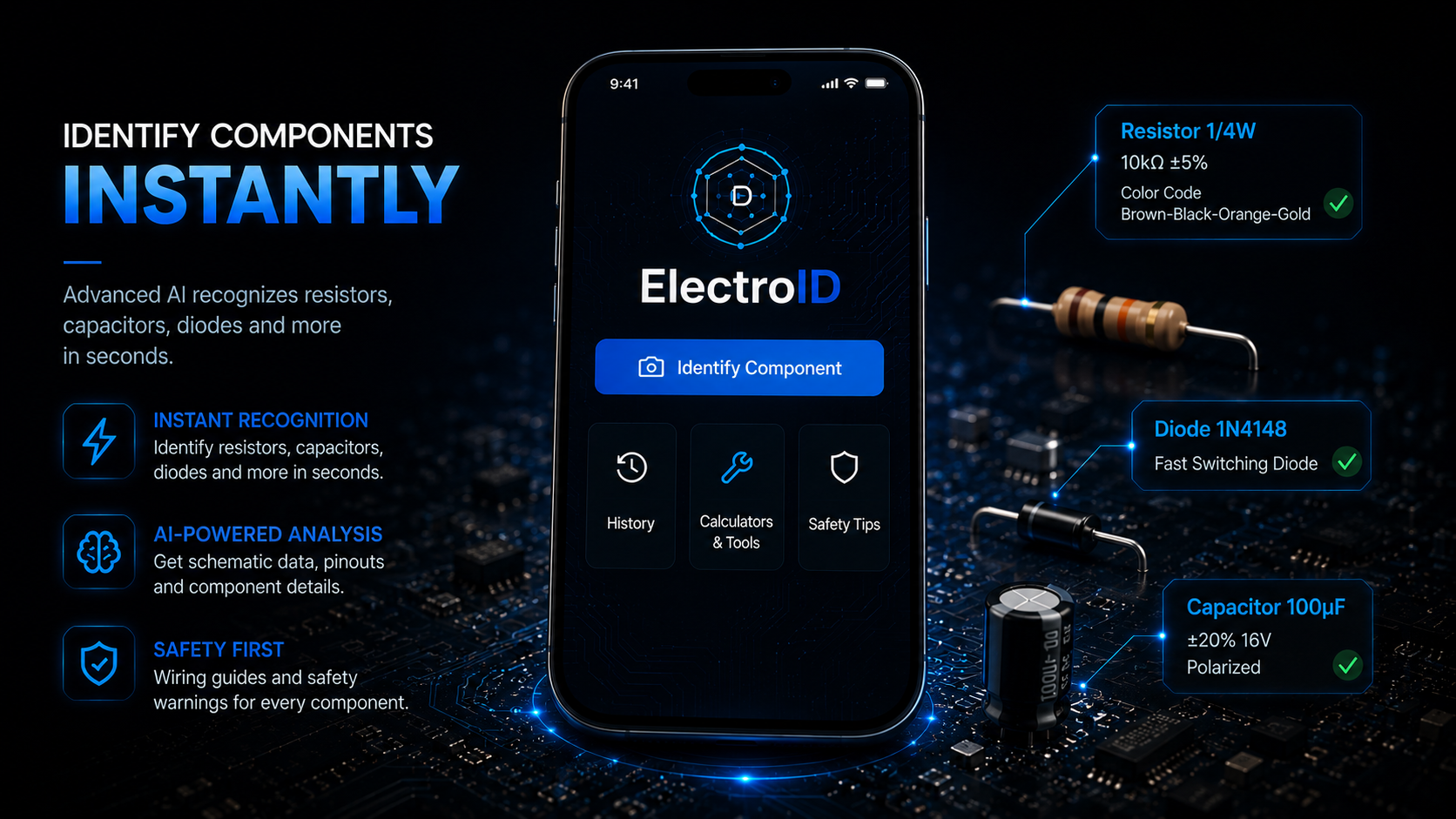 ElectroID AI component identification hero with phone, resistor, diode and capacitor callouts