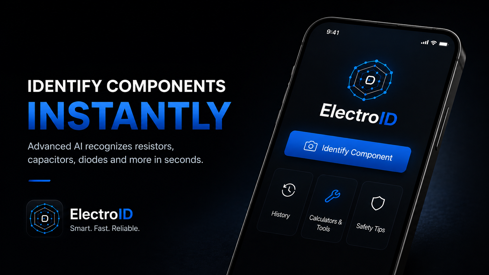 ElectroID dark hero artwork with phone and identify component button