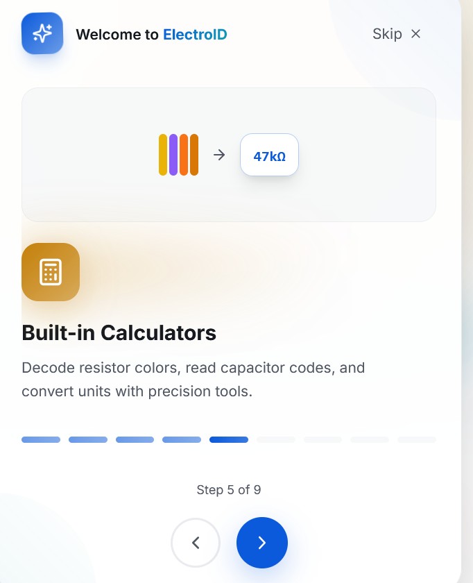 ElectroID built-in calculators onboarding screen