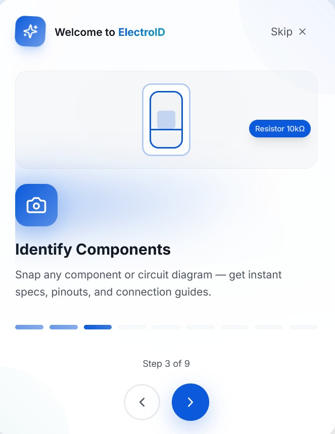 ElectroID identify components onboarding screen