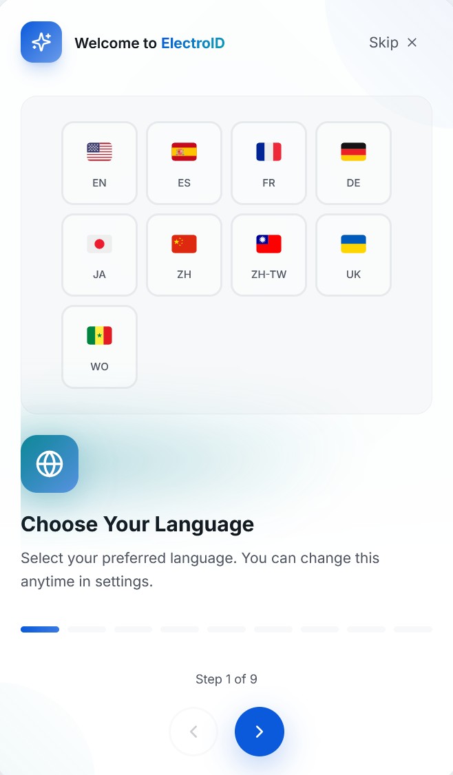 ElectroID language selection screen