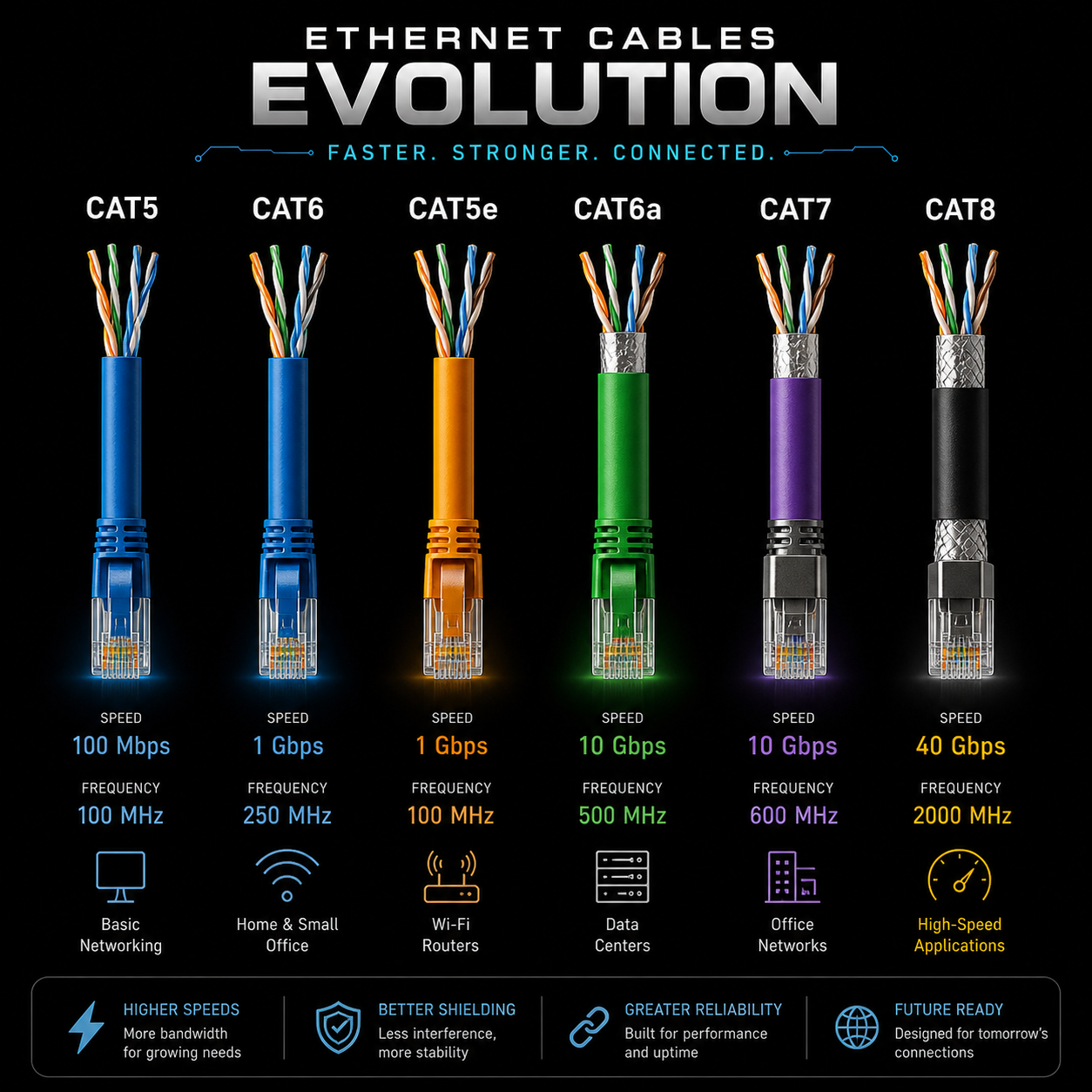 Ethernet cable category evolution graphic showing Cat5, Cat6, Cat5e, Cat6a, Cat7 and Cat8 speeds.