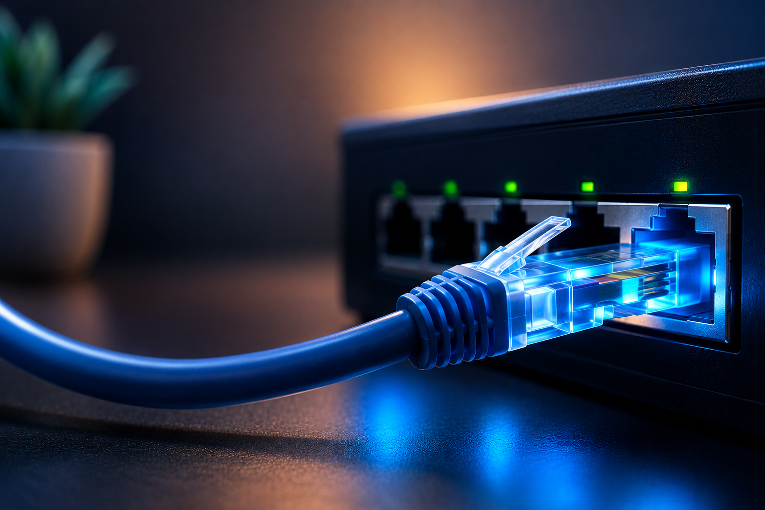Blue Ethernet cable plugged into a glowing router port.