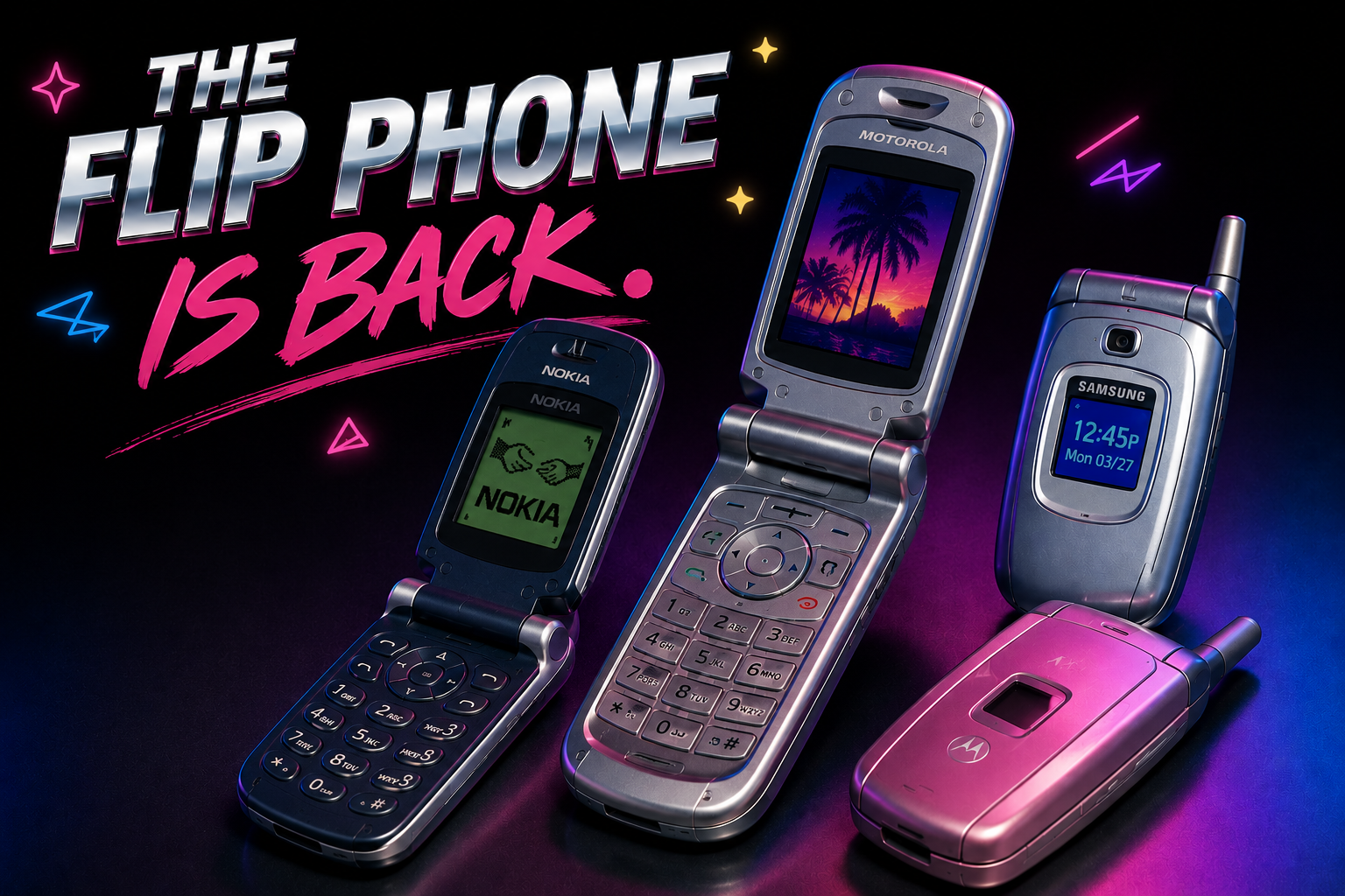 Retro neon flip phone collage with the words The Flip Phone Is Back