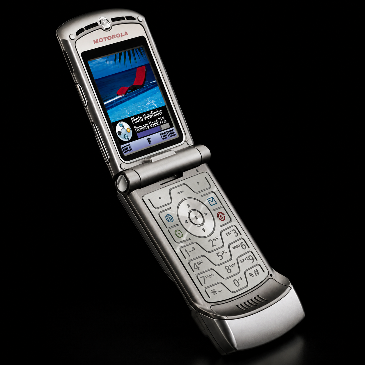 Motorola Razr V3 style silver flip phone