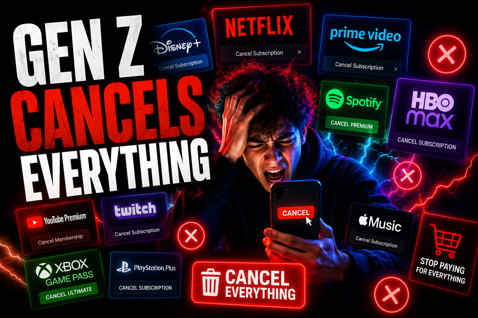 Gen Z cancels everything neon streaming subscription collage