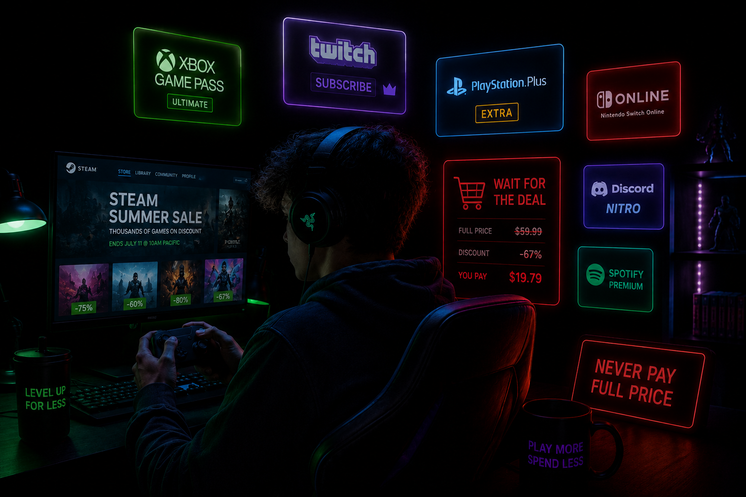 Gamer surrounded by neon gaming subscription and sale cards