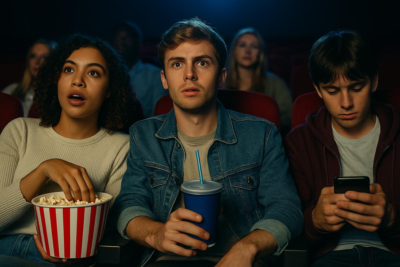 Young moviegoers watching a film in a theater while one looks at a phone