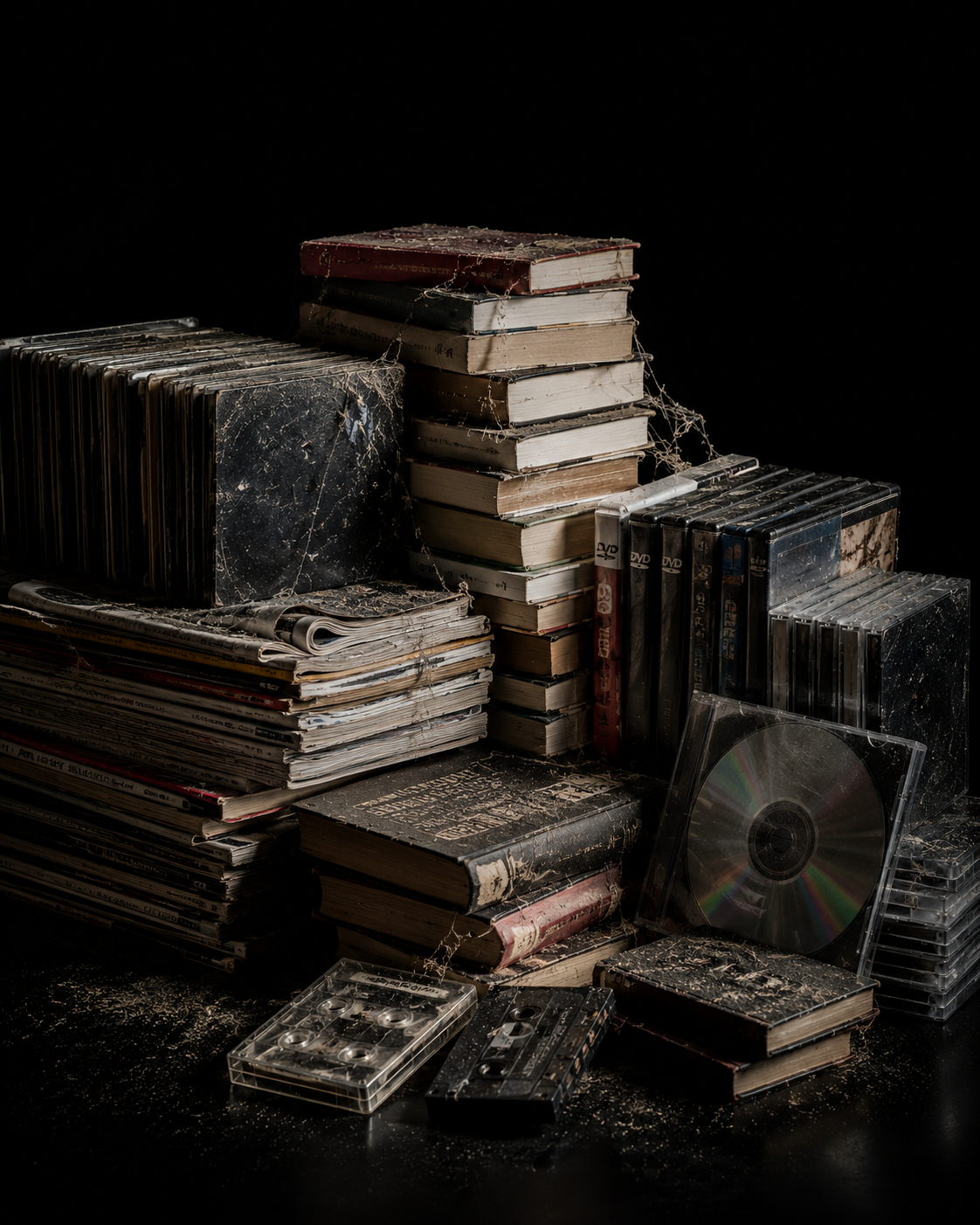 Dusty stack of books, DVDs, discs and cassette tapes