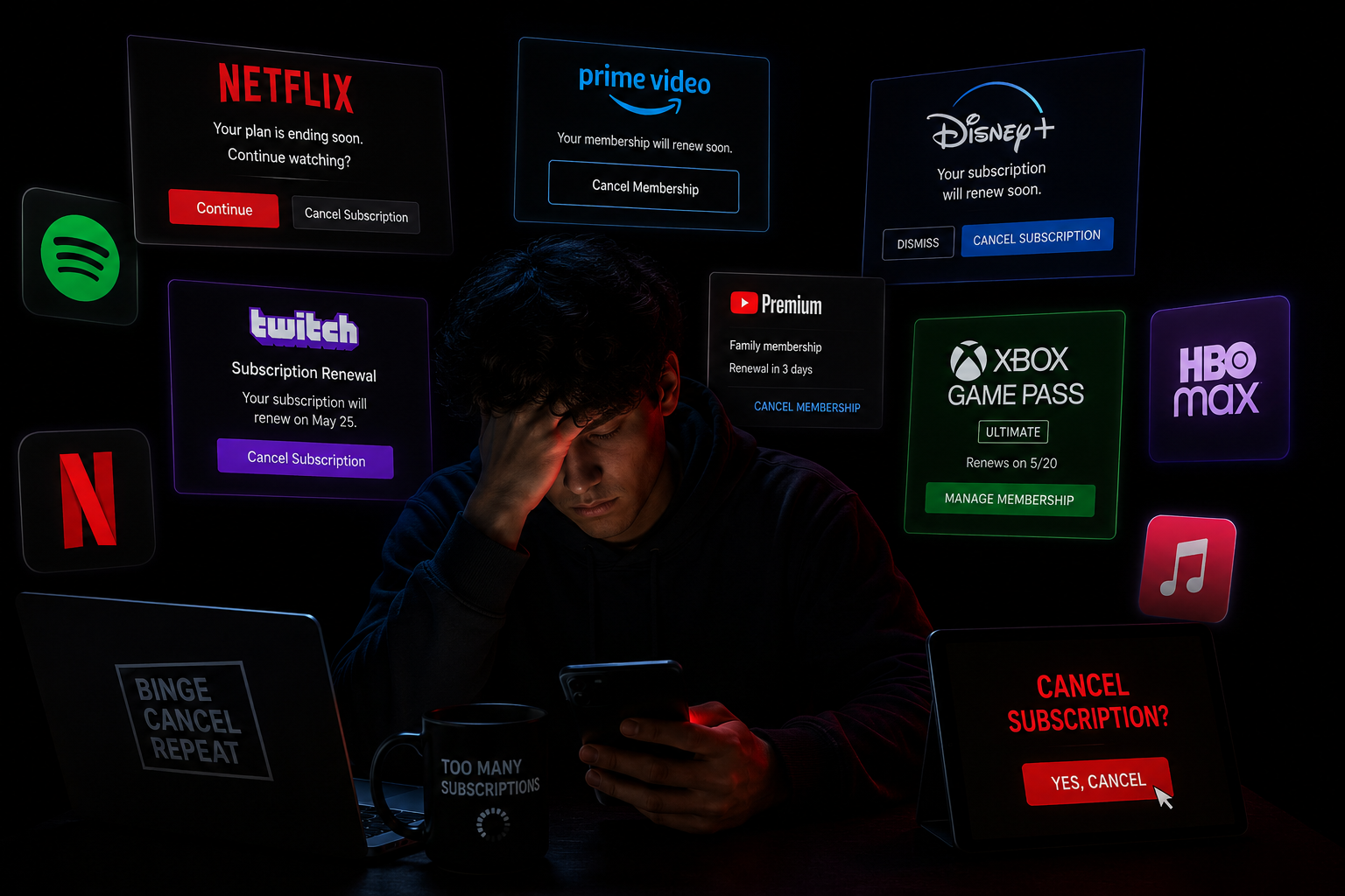 Young viewer overwhelmed by streaming subscription cancellation screens